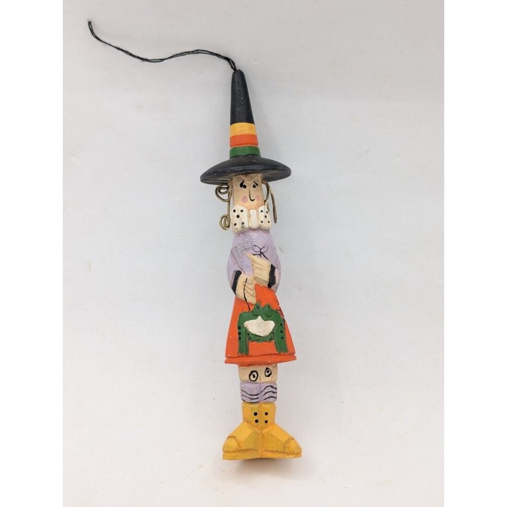 Vtg. Ornament Witch Fall Themed Metal Hair  Holding Frog Unique 5.75"  READ